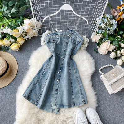 Rochie de dama din denim cu bretele si nasturi in albastru