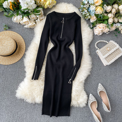 Γυναικείο μακρύ φόρεμα με μακριά μανίκια και φερμουάρ σε διάφορα χρώματα