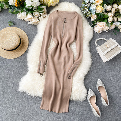 Γυναικείο μακρύ φόρεμα με μακριά μανίκια και φερμουάρ σε διάφορα χρώματα