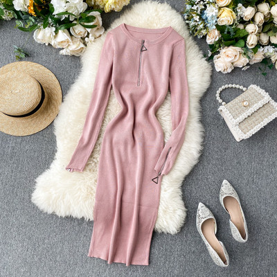 Γυναικείο μακρύ φόρεμα με μακριά μανίκια και φερμουάρ σε διάφορα χρώματα