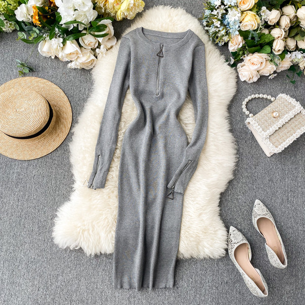 Γυναικείο μακρύ φόρεμα με μακριά μανίκια και φερμουάρ σε διάφορα χρώματα