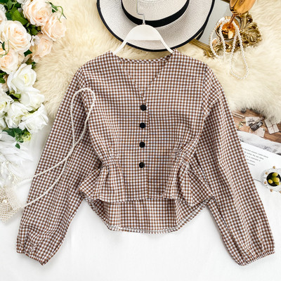 Γυναικείο μοντέρνο καρό πουκάμισο ασύμμετρο σχέδιο με κουμπιά και μακρύ μανίκι