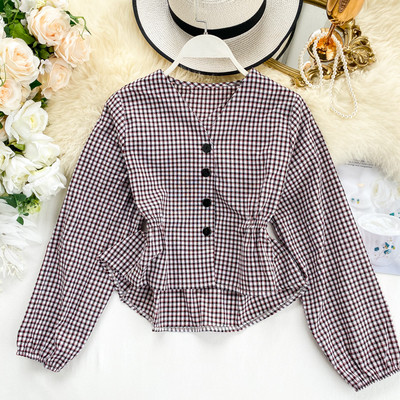 Γυναικείο μοντέρνο καρό πουκάμισο ασύμμετρο σχέδιο με κουμπιά και μακρύ μανίκι