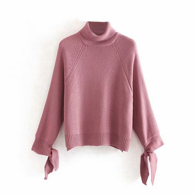 Pulover de dama cu guler inalt si cravate la maneca