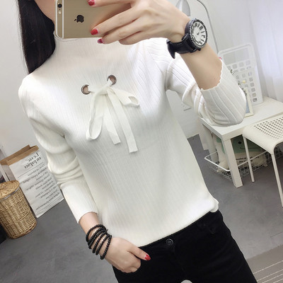 Γυναικεία μπλούζα με μισό υψηλό γιακά και κορδόνι σε λευκό, κίτρινο, μαύρο και πορτοκαλί χρώμα