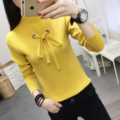 Γυναικεία μπλούζα με μισό υψηλό γιακά και κορδόνι σε λευκό, κίτρινο, μαύρο και πορτοκαλί χρώμα