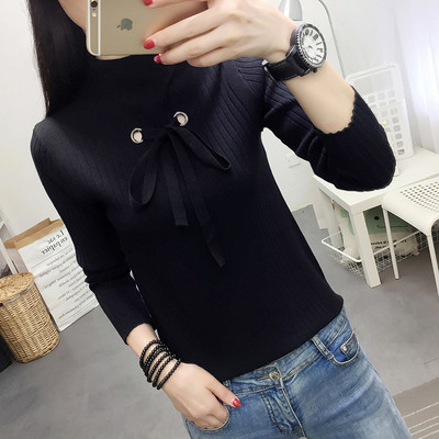 Γυναικεία μπλούζα με μισό υψηλό γιακά και κορδόνι σε λευκό, κίτρινο, μαύρο και πορτοκαλί χρώμα