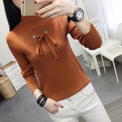 Γυναικεία μπλούζα με μισό υψηλό γιακά και κορδόνι σε λευκό, κίτρινο, μαύρο και πορτοκαλί χρώμα