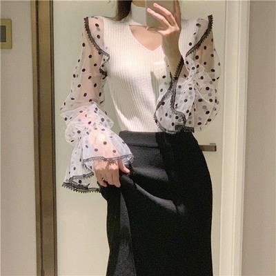 Modern női blúz lótusz ujjú tüllből