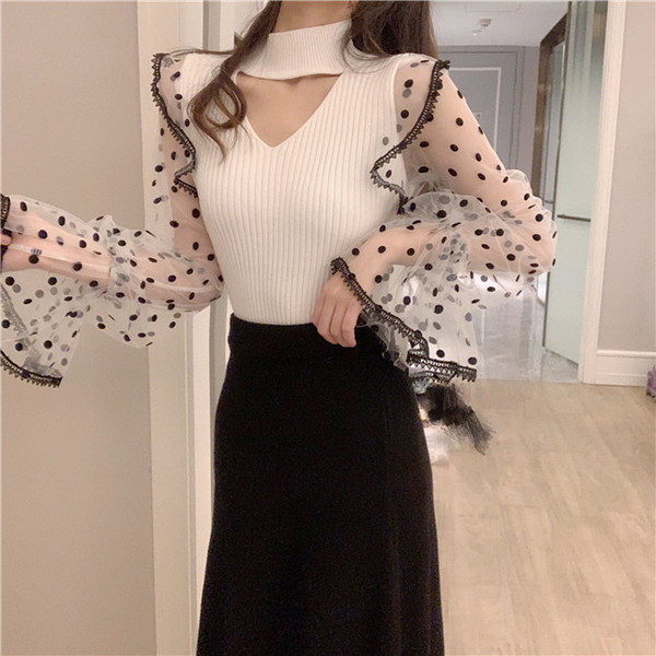 Modern női blúz lótusz ujjú tüllből