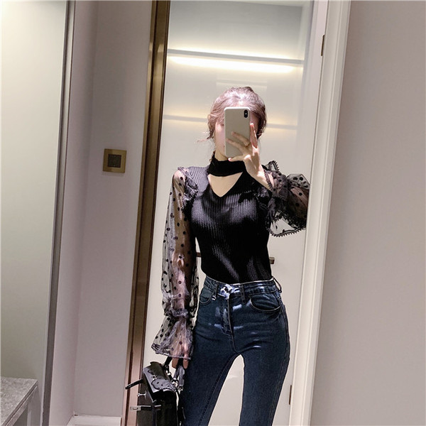 Modern női blúz lótusz ujjú tüllből