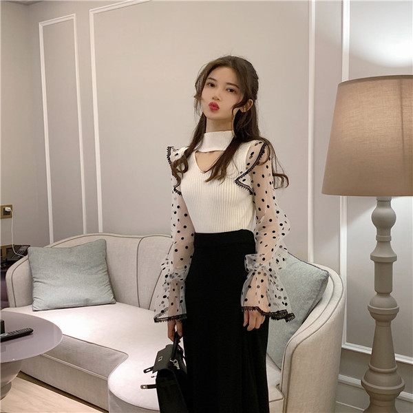 Modern női blúz lótusz ujjú tüllből