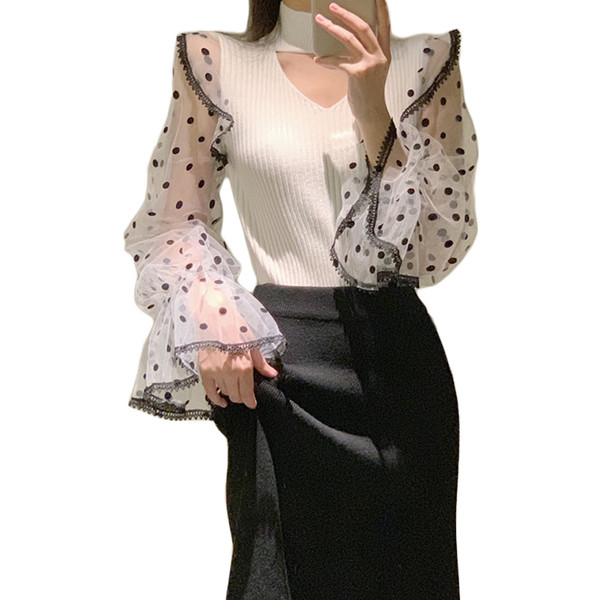 Modern női blúz lótusz ujjú tüllből