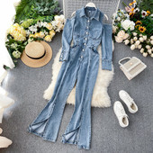 Salopeta de dama lunga din denim cu umerii goi in doua culori