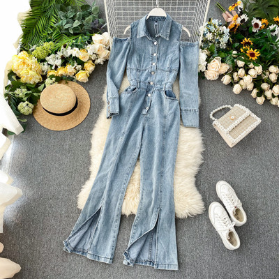 Salopeta de dama lunga din denim cu umerii goi in doua culori