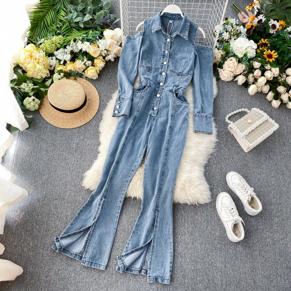 Salopeta de dama lunga din denim cu umerii goi in doua culori