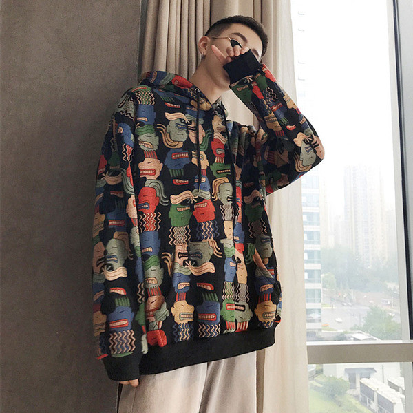 Hanorac lat pentru bărbați cu glugă în negru, roșu și violet