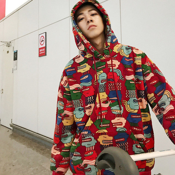 Hanorac lat pentru bărbați cu glugă în negru, roșu și violet