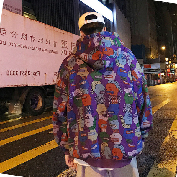 Hanorac lat pentru bărbați cu glugă în negru, roșu și violet