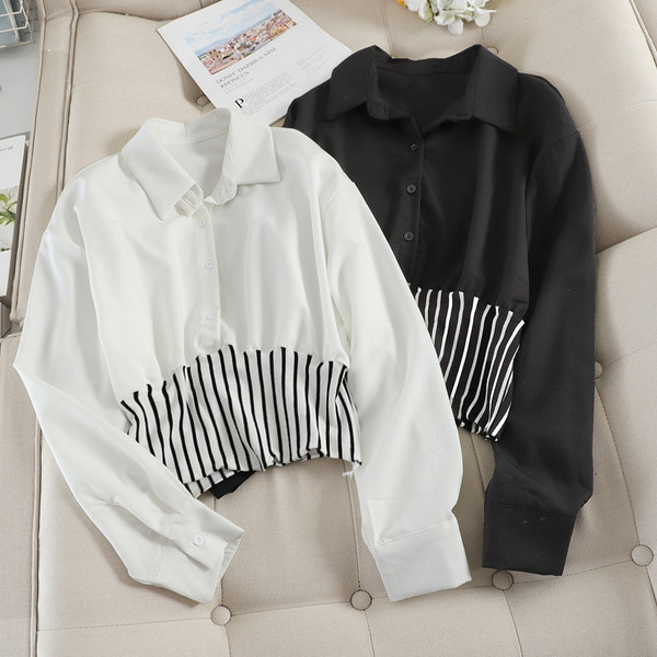 Cămașă casual de damă cu mâneci lungi și nasturi în alb-negru