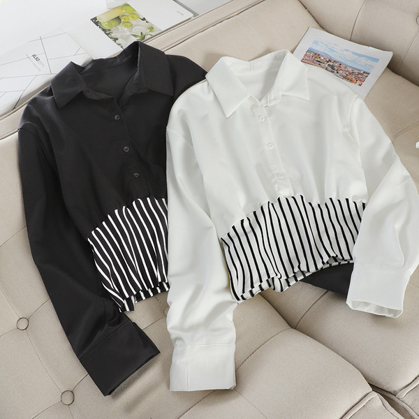 Cămașă casual de damă cu mâneci lungi și nasturi în alb-negru