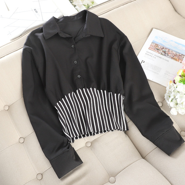 Cămașă casual de damă cu mâneci lungi și nasturi în alb-negru