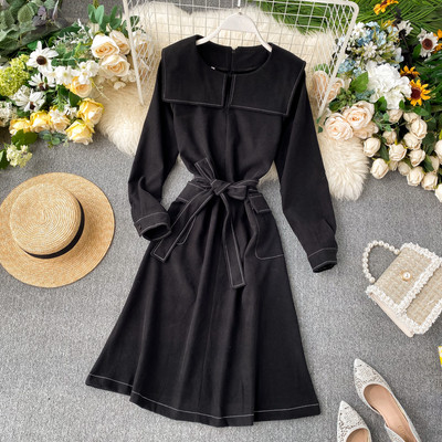 Rochie de dama cu curea in doua culori si maneci lungi