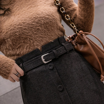 Fusta casual dama cu nasturi si curea in culorile gri, bej si negru