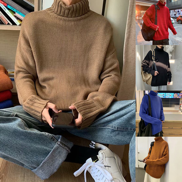 Pulover barbatesc lat cu guler inalt in rosu, mov, negru, portocaliu, bej si verde