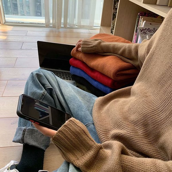 Pulover barbatesc lat cu guler inalt in rosu, mov, negru, portocaliu, bej si verde