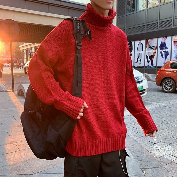 Pulover barbatesc lat cu guler inalt in rosu, mov, negru, portocaliu, bej si verde