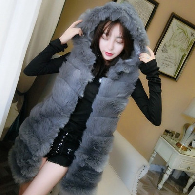 Vestă lungă de puf cu glugă de culoare gri