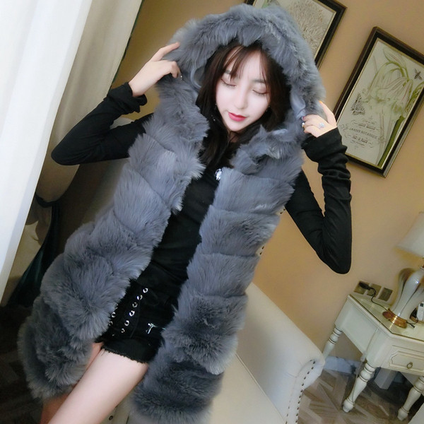 Vestă lungă de puf cu glugă de culoare gri