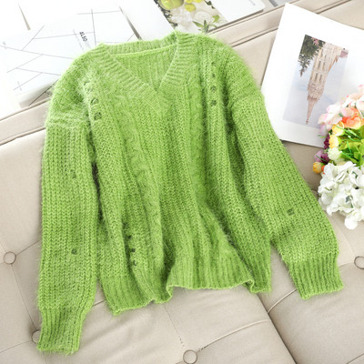 Pulover de dama casual cu gauri si decolteu spitz in mai multe culori