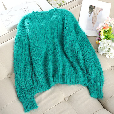 Pulover de dama casual cu gauri si decolteu spitz in mai multe culori