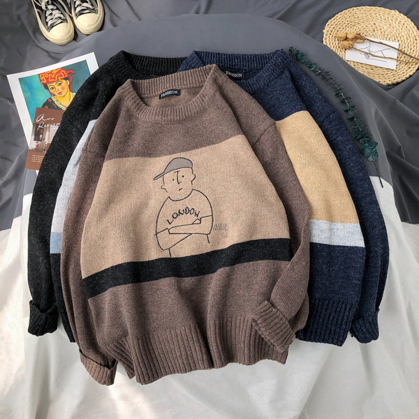 Pulover casual barbatesc cu decolteu oval in negru, albastru si maro - model larg