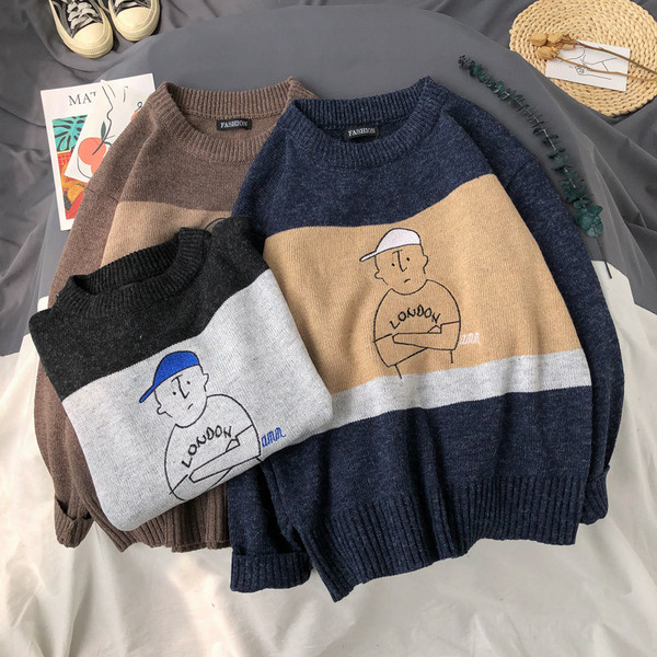 Pulover casual barbatesc cu decolteu oval in negru, albastru si maro - model larg