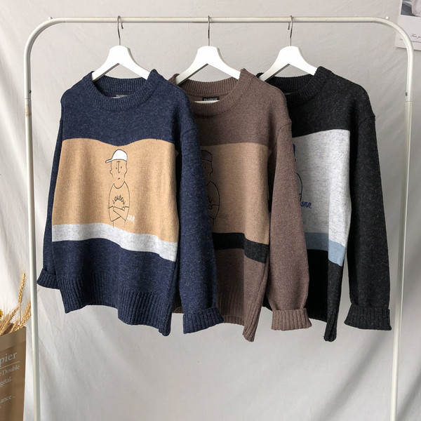 Pulover casual barbatesc cu decolteu oval in negru, albastru si maro - model larg