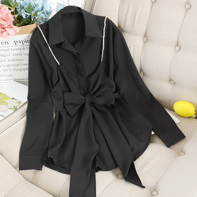 Cămașă elegantă de damă cu panglică și mâneci lungi în alb și negru