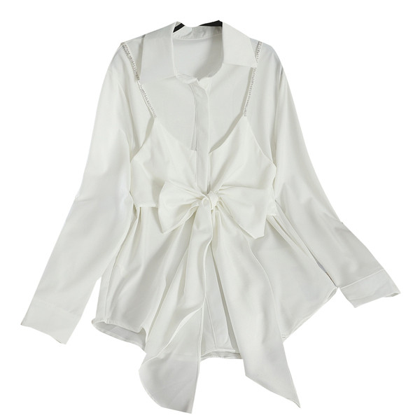 Cămașă elegantă de damă cu panglică și mâneci lungi în alb și negru