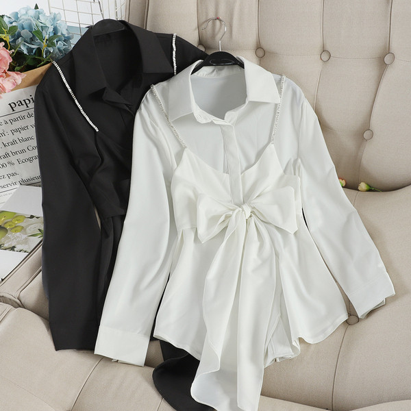 Cămașă elegantă de damă cu panglică și mâneci lungi în alb și negru