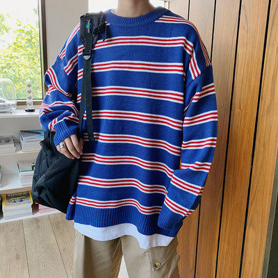 Pulover bărbătesc lat cu dungi în roz, albastru și negru