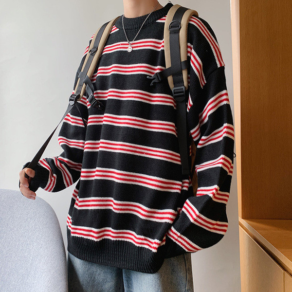 Pulover bărbătesc lat cu dungi în roz, albastru și negru