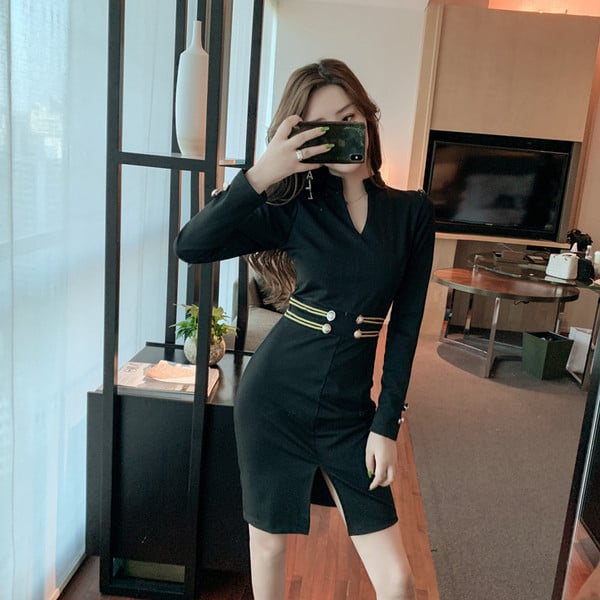 Rochie elegantă de damă, cu mâneci lungi, de culoare neagră