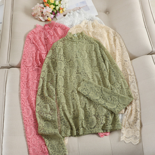 Bluză casual de damă din dantelă cu guler înalt în patru culori