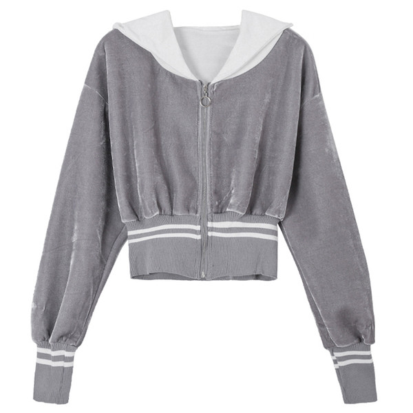 Hanorac de dama modern cu gluga si fermoar in culorile gri, bej si negru
