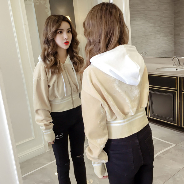 Hanorac de dama modern cu gluga si fermoar in culorile gri, bej si negru