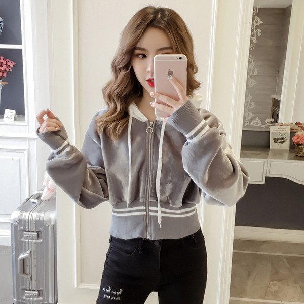 Hanorac de dama modern cu gluga si fermoar in culorile gri, bej si negru