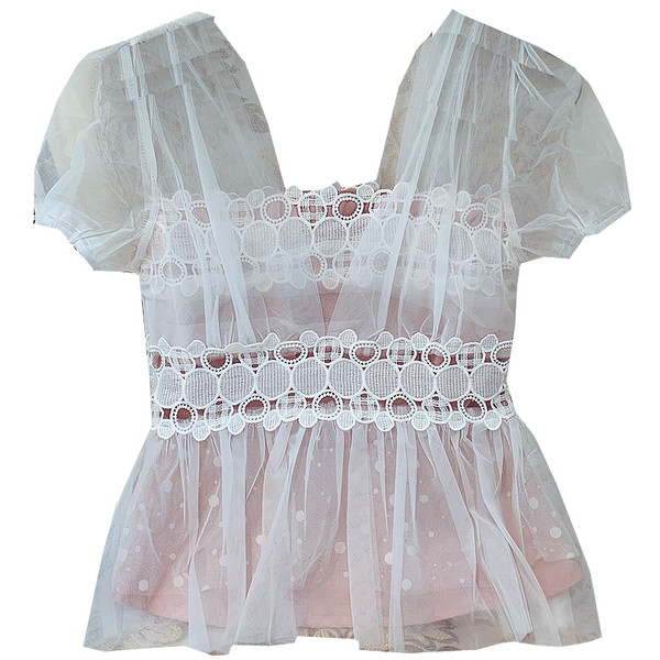 Bluza de dama cu dantela si tul in alb si negru