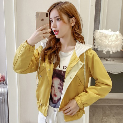 Geaca de toamna de dama model nou cu gluga in culorile roz, galben si alb